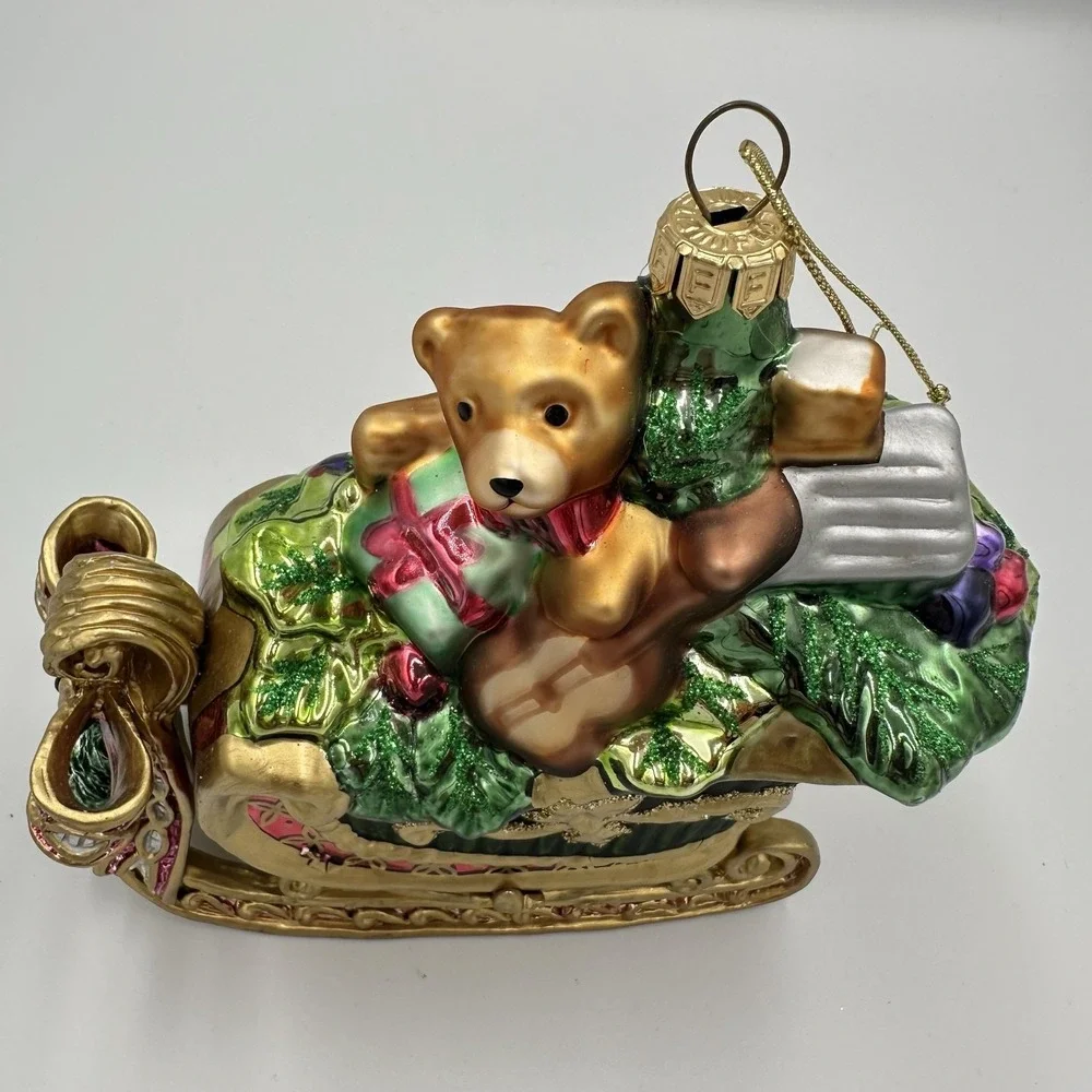 Fitz And Floyd Glass Christmas Tree Sleigh Ornament Teddy Bear Gifts Green Box‎
